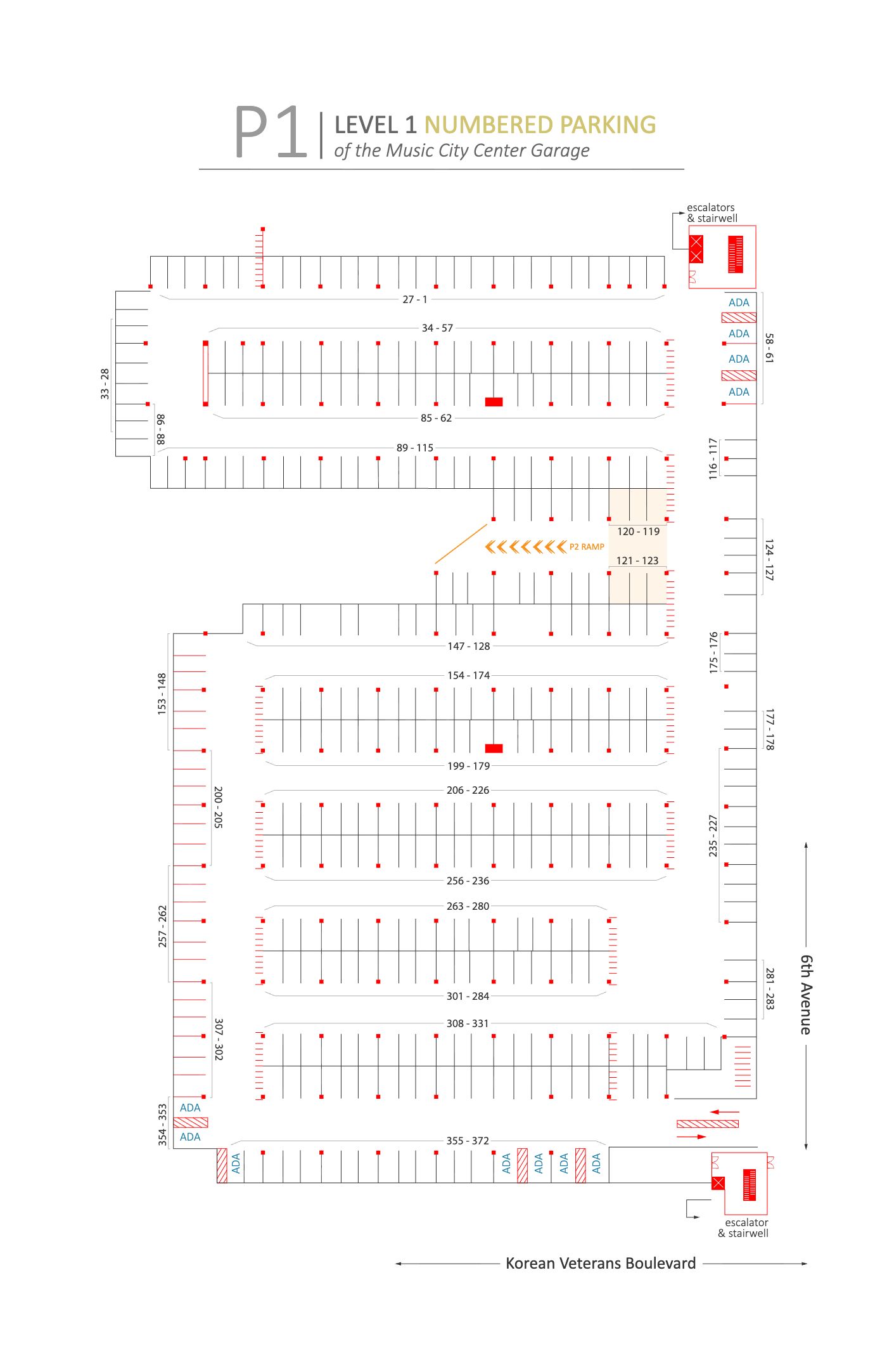 Parking garage level one numbered wayfinding plan — front page
